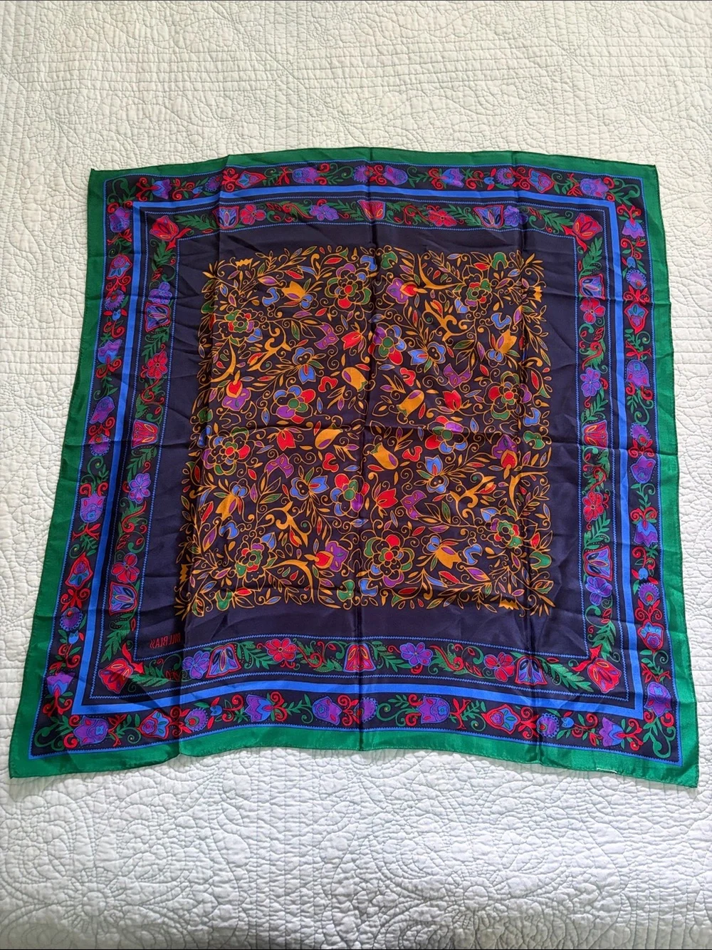bill blass Multicolor Floral Silk Scarf with Green Border